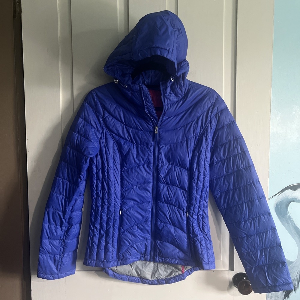 Calvin Klein Packable Down Puffer Jacket XS Blue Womens Hooded Zip Up Active